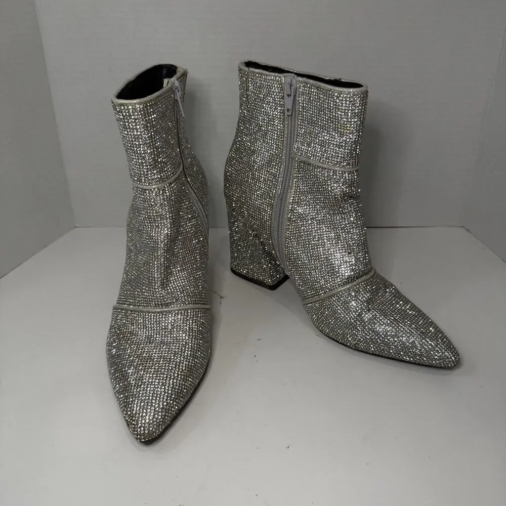 Sparkle Rhinestone Disco Ankle Boots Point Toe Block Heel Silver Women’s Size 8